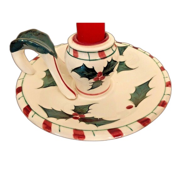 Lefton Christmas Candle Holder Vintage Hand Painted Holly Berry Finger Loop - Picture 1 of 7